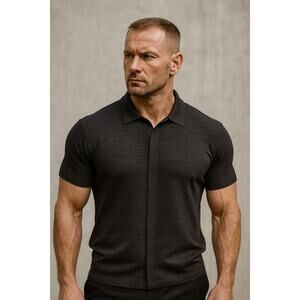 Phillipe Marcel Hidden Button Up Shirt Mens XL Black Textured Collared Clubbing